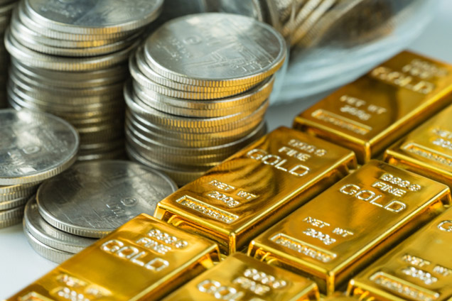 Gold bars and silver coins